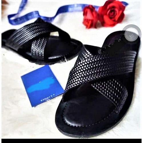Men's Leather Cross Slippers - Black