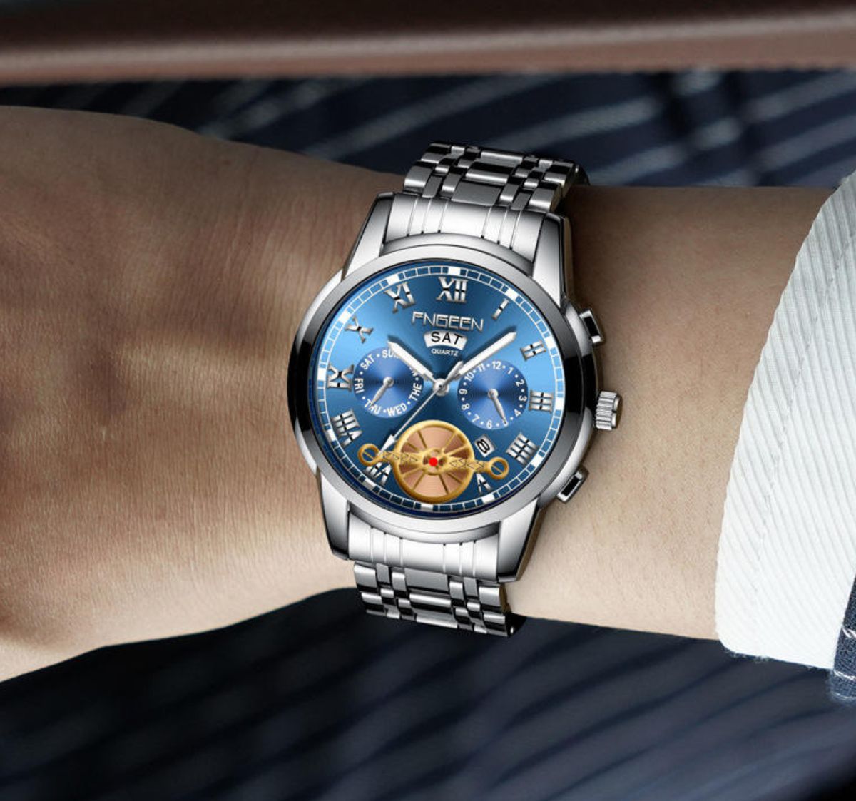 Male Luxury Waterproof Calendar Steel Silver Watch