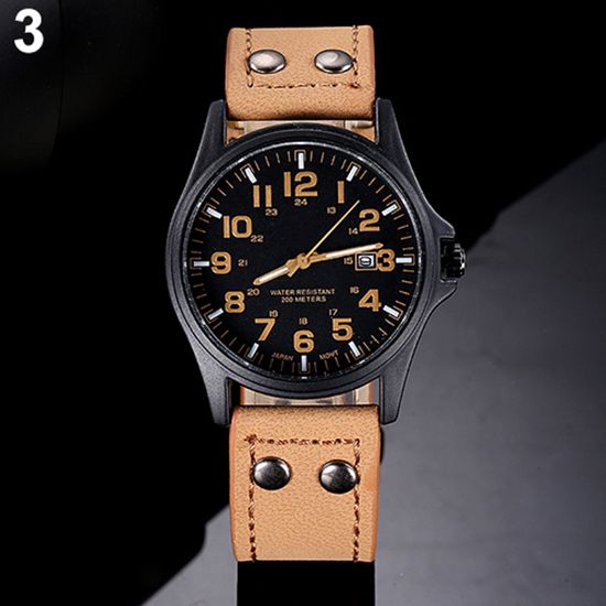 Men\'s Date Arabic Numerals Dial Faux Leather Band-Khaki