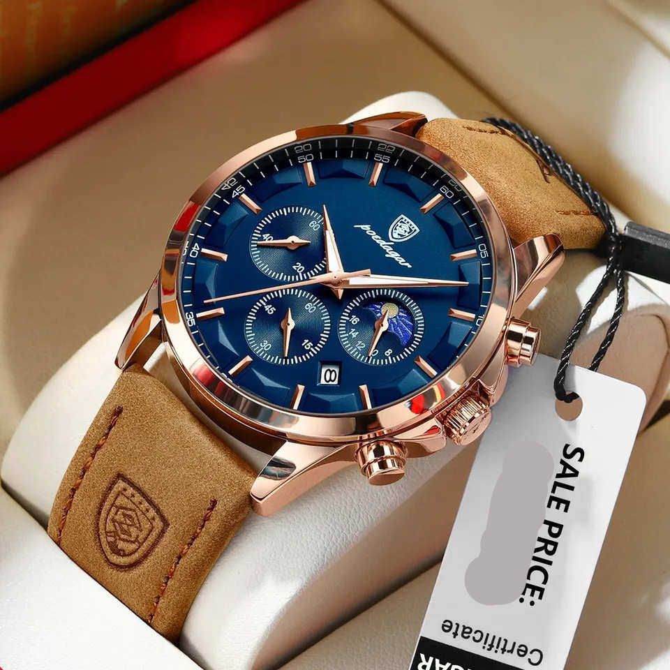Chronograph Luxury Watch Water Resistant Leather Strap Male