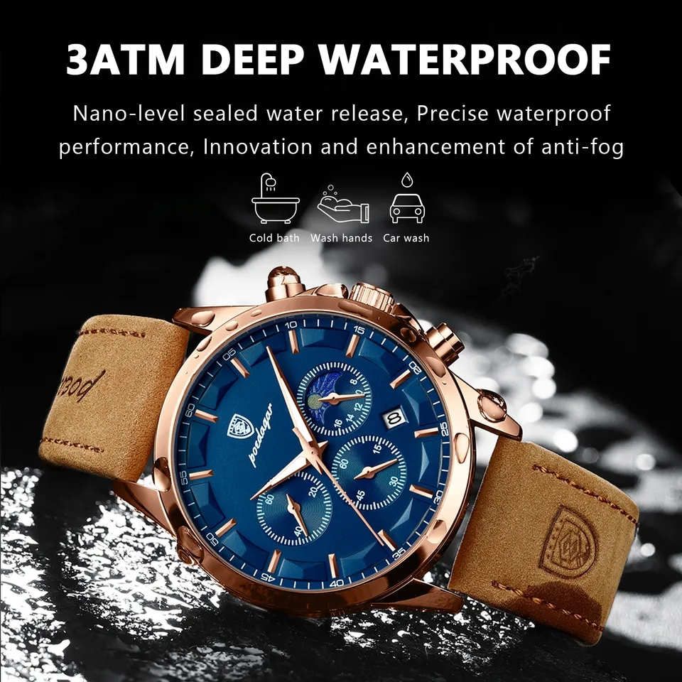 Chronograph Luxury Watch Water Resistant Leather Strap Male