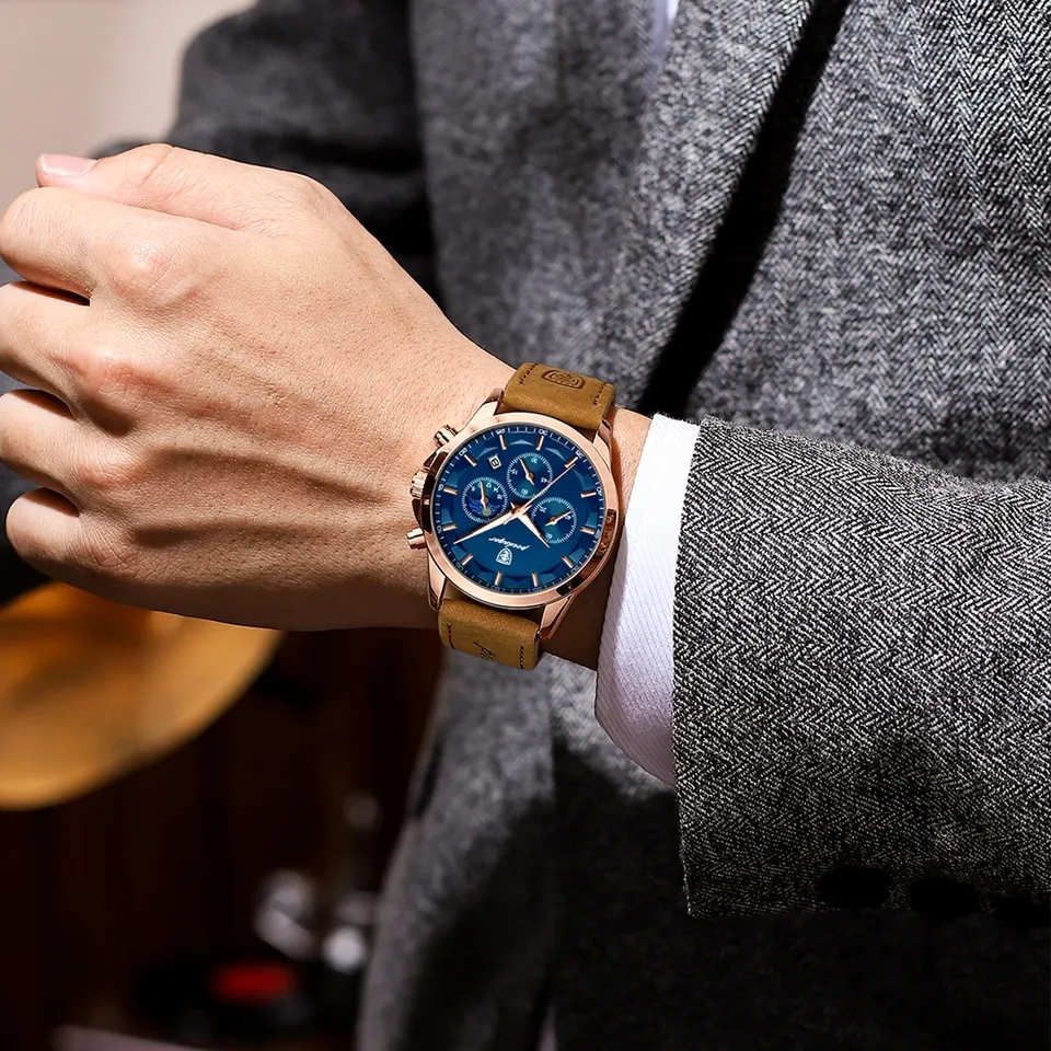 Chronograph Luxury Watch Water Resistant Leather Strap Male