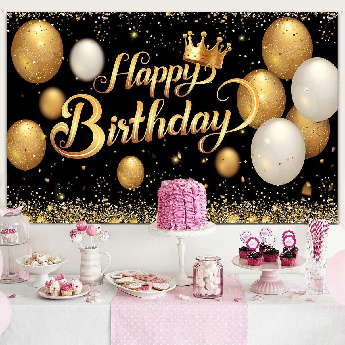 Happy Birthday Banner Decorations Large Birthday Black Gold