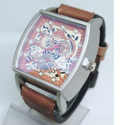 Men Brown Leather Wristwatch + Buckle Bracelet