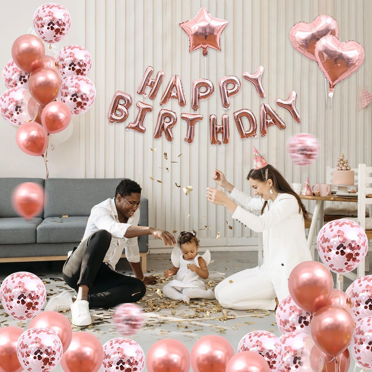 50PCS Rose Gold Birthday Party Decorations Set Boys Girls Women Birthday Party Supplies Happy Birthday Sequin Heart Balloons for Baby Birthday Party Decorations