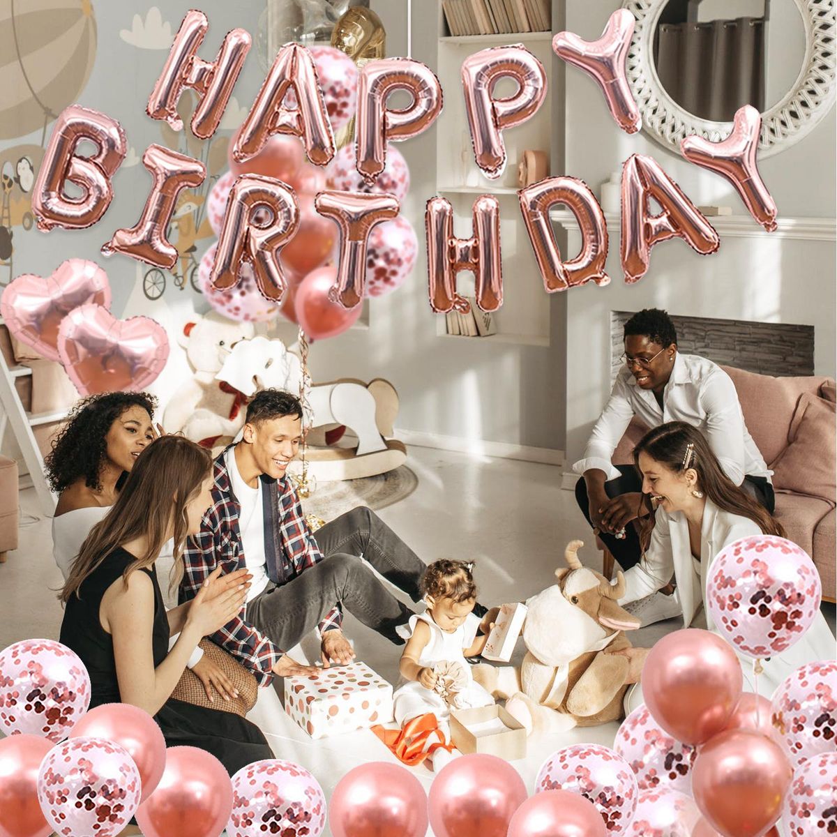 50PCS Rose Gold Birthday Party Decorations Set Boys Girls Women Birthday Party Supplies Happy Birthday Sequin Heart Balloons for Baby Birthday Party Decorations