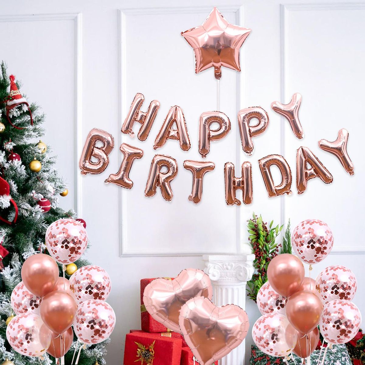 50PCS Rose Gold Birthday Party Decorations Set Boys Girls Women Birthday Party Supplies Happy Birthday Sequin Heart Balloons for Baby Birthday Party Decorations