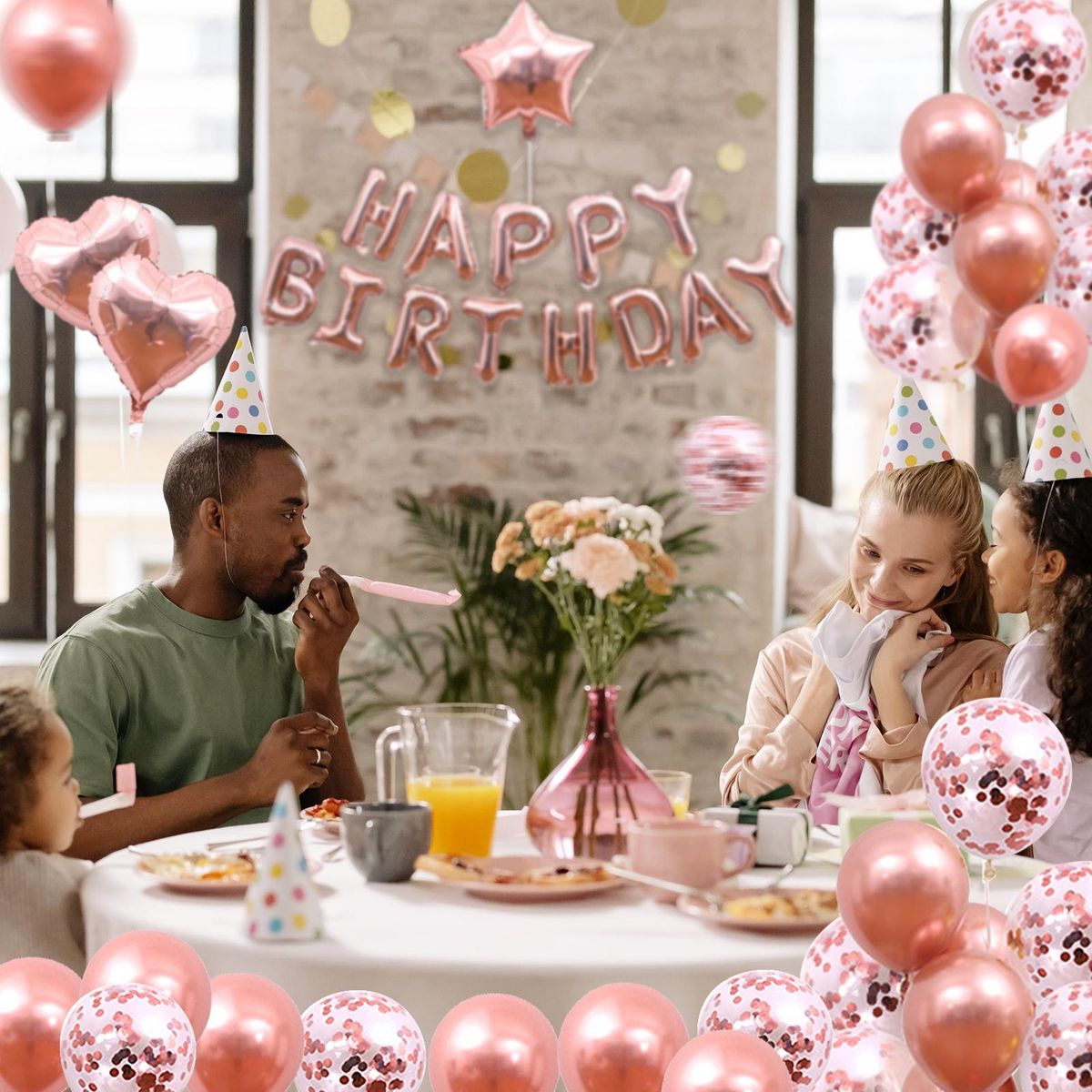 50PCS Rose Gold Birthday Party Decorations Set Boys Girls Women Birthday Party Supplies Happy Birthday Sequin Heart Balloons for Baby Birthday Party Decorations