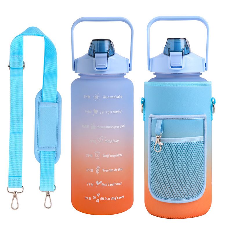 2 Liter Large Sports Motivational Water Bottle With Sleeve Straw Time Marker