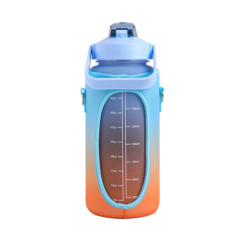 2 Liter Large Sports Motivational Water Bottle With Sleeve Straw Time Marker