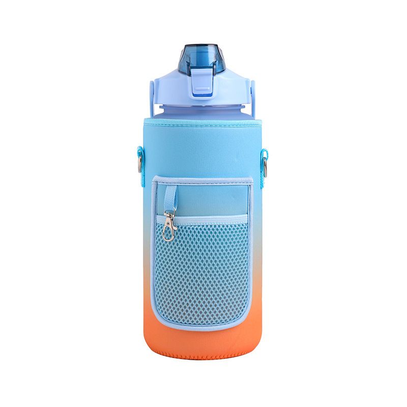 2 Liter Large Sports Motivational Water Bottle With Sleeve Straw Time Marker