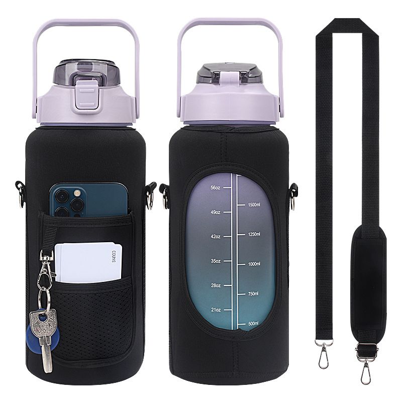 2 Liter Large Sports Motivational Water Bottle With Sleeve Straw Time Marker