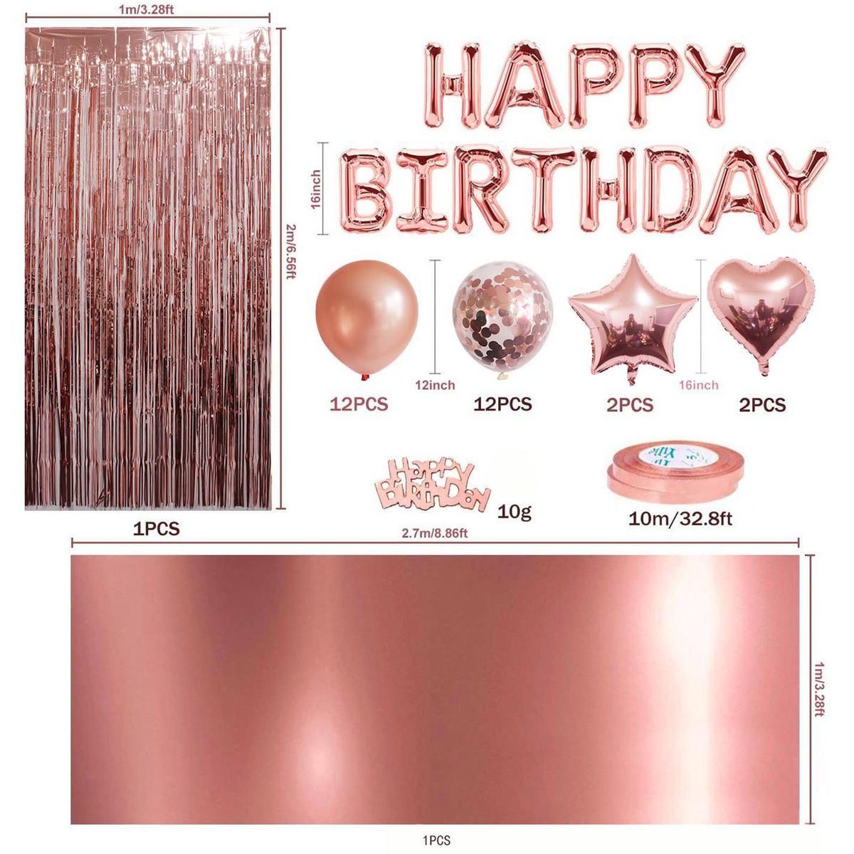 Rose Gold Birthday Party Decorations Set Girls Women Baby Birthday Party Supplies Happy Birthday Balloons Ribbons Curtains Tablecloth for Baby Birthday Party Decorations