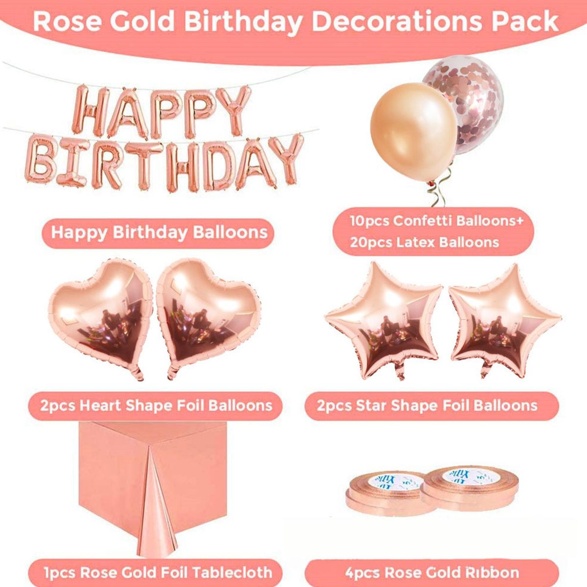 Rose Gold Birthday Party Decorations Set Girls Women Baby Birthday Party Supplies Happy Birthday Balloons Ribbons Curtains Tablecloth for Baby Birthday Party Decorations
