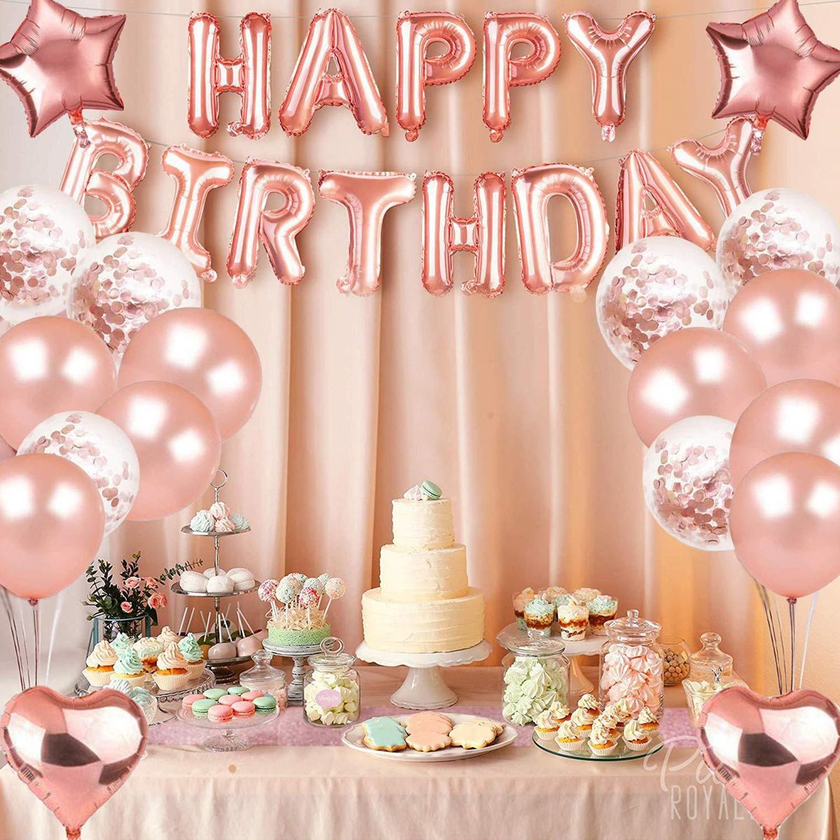 Rose Gold Birthday Party Decorations Set Girls Women Baby Birthday Party Supplies Happy Birthday Balloons  Curtains for Baby Birthday Party Decorations
