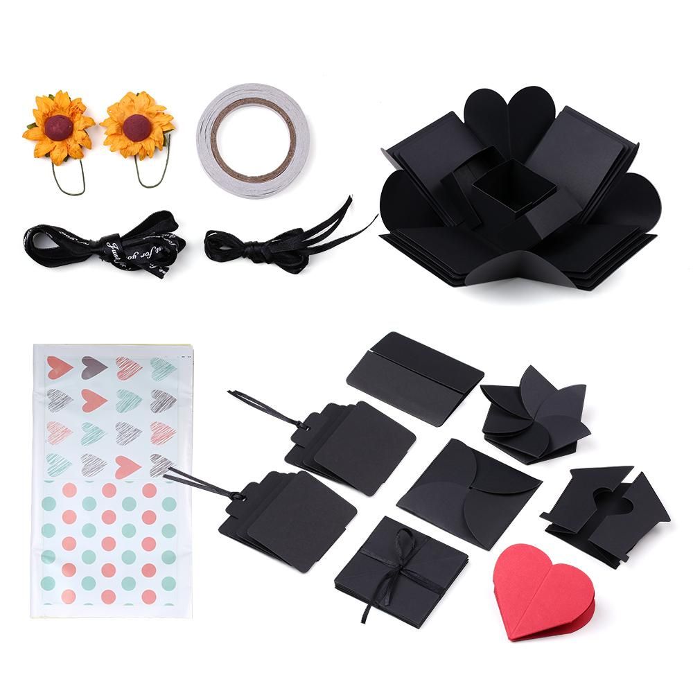 DIY Explosion Box Handmade Memory Scrapbook Photo Album Surprise Gift for Birthday Valentine's Day Wedding Engagement Anniversary--Black