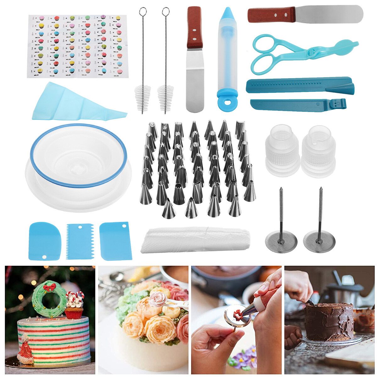 Cake Decorating Turntable Icing Nozzles Pen Spatula Stand Tools Set 6 Pcs