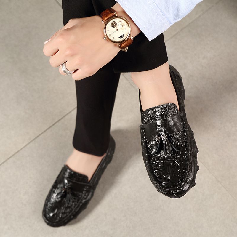 Crocodile Pattern Genuine Leather Loafers Men Tassel Shoes Casual Moccasins