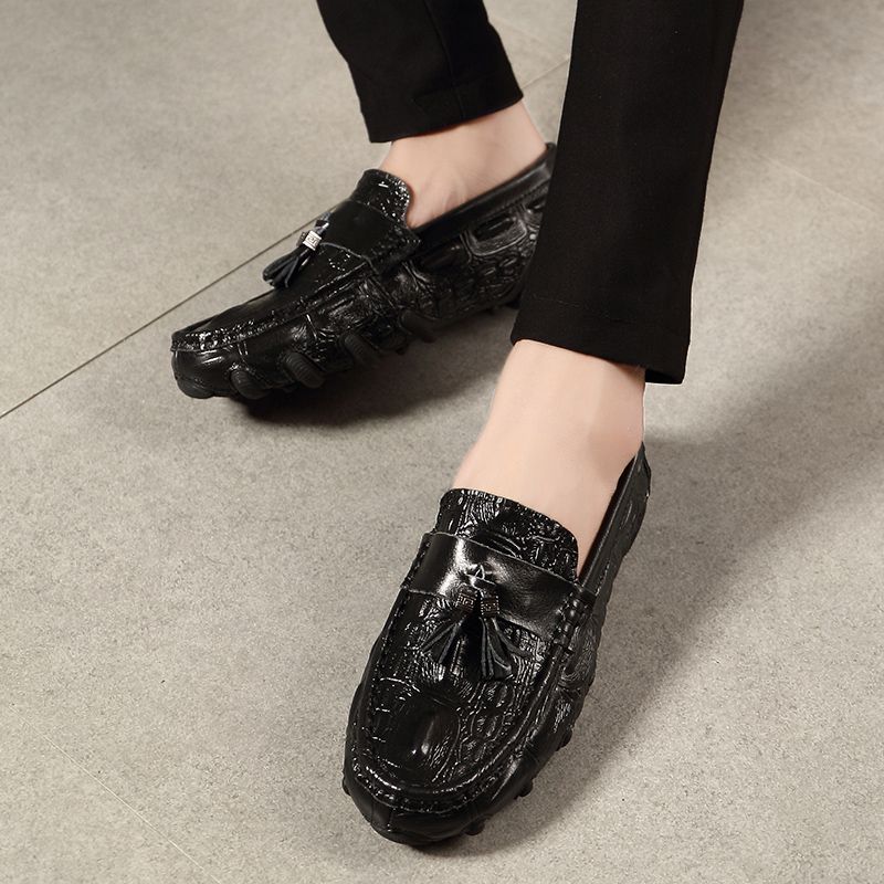 Crocodile Pattern Genuine Leather Loafers Men Tassel Shoes Casual Moccasins