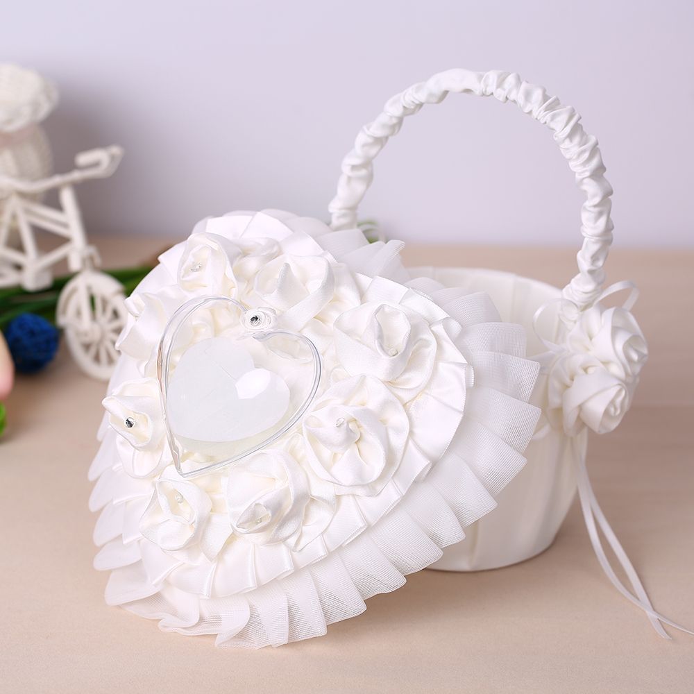 7 * 7 Inches White Heart Ring Bearer Pillow And Satin Flower