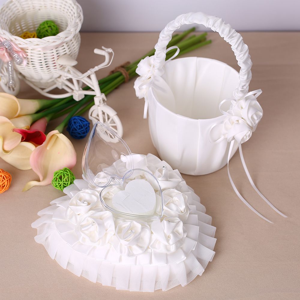 7 * 7 Inches White Heart Ring Bearer Pillow And Satin Flower