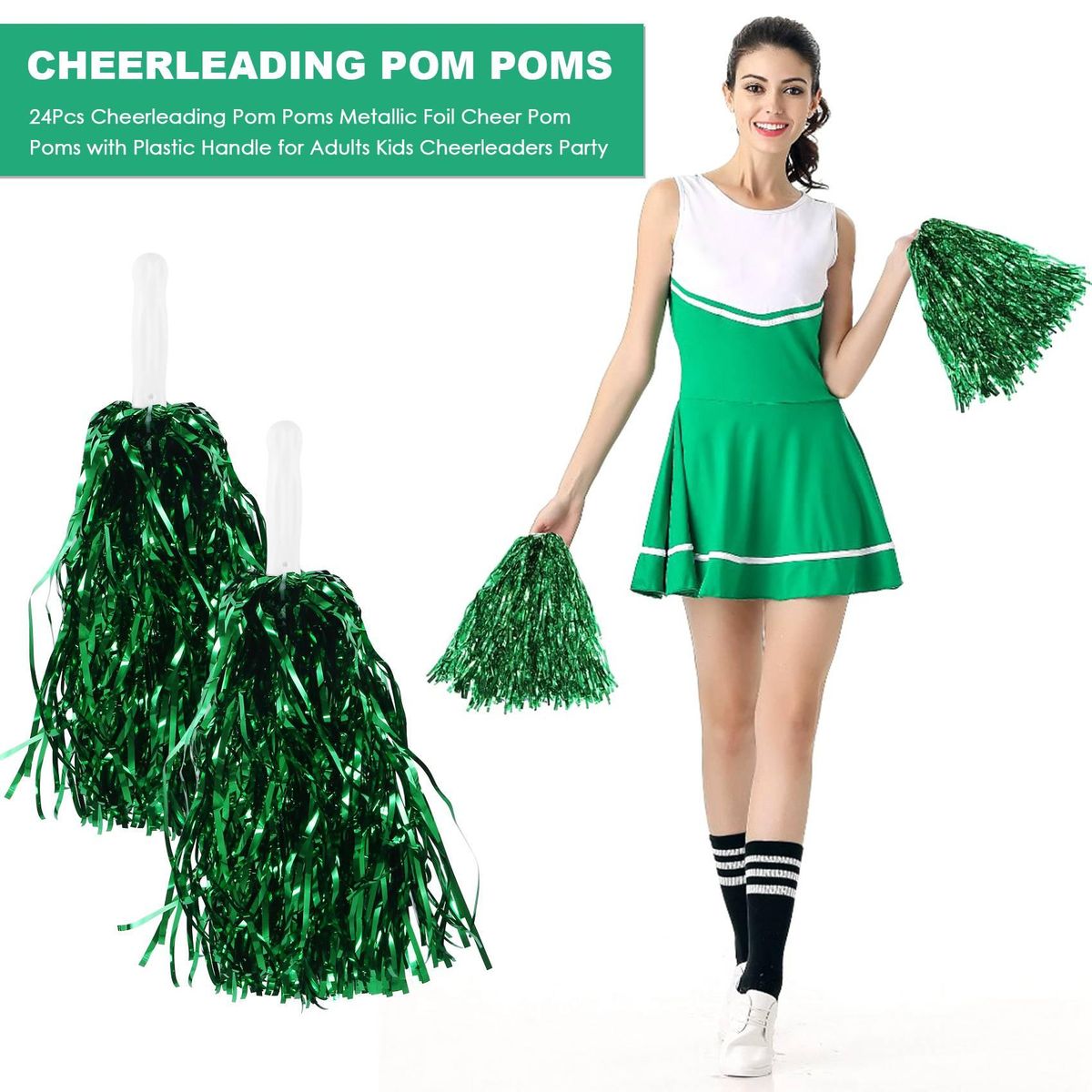 24Pcs Cheerleading Poms Metallic Foil Cheer Poms with Plastic Handle for Adults Kids Cheerleaders Party Green