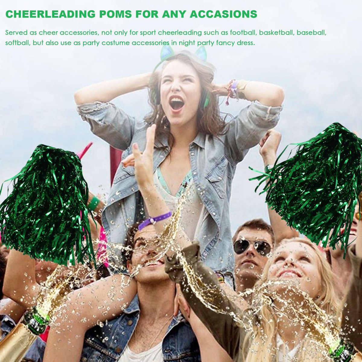 24Pcs Cheerleading Poms Metallic Foil Cheer Poms with Plastic Handle for Adults Kids Cheerleaders Party Green