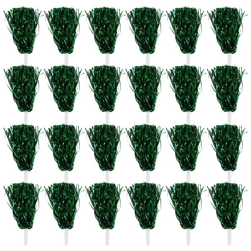 24Pcs Cheerleading Poms Metallic Foil Cheer Poms with Plastic Handle for Adults Kids Cheerleaders Party Green