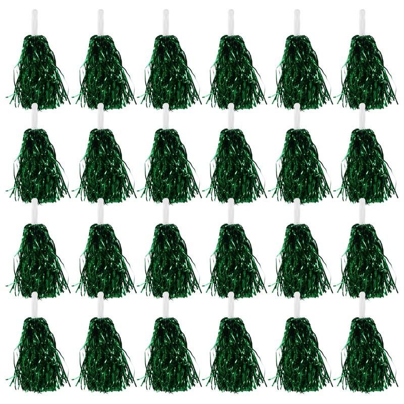 24Pcs Cheerleading Poms Metallic Foil Cheer Poms with Plastic Handle for Adults Kids Cheerleaders Party Green