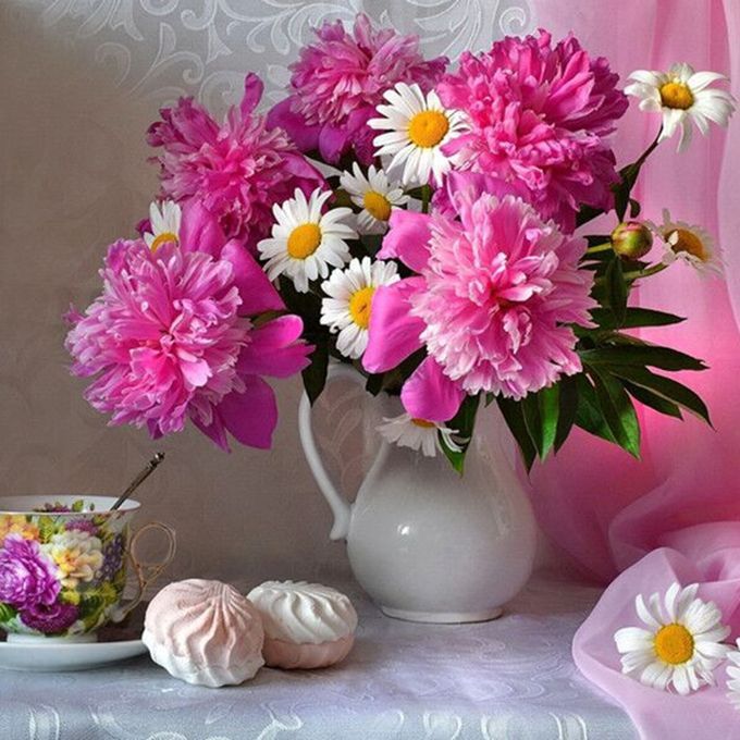 DIY 5D Diamond Painting Pink White Bunch Flowers Rhinestone