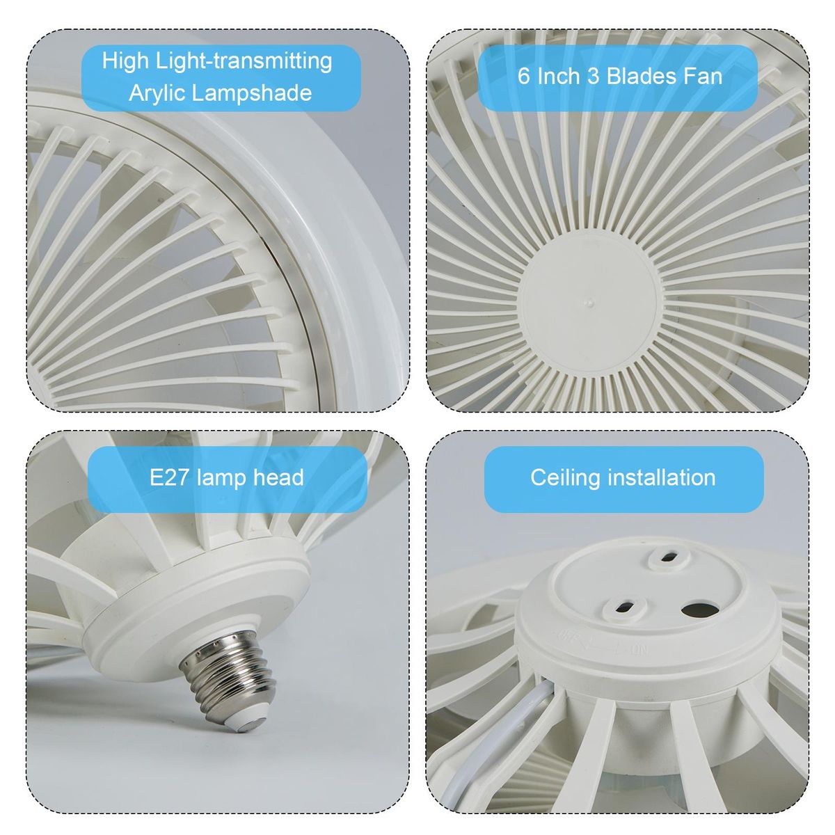E27 Lamp Head Ceiling Dual-purpose Fan Lamp 3-Gear Adjustment Small Ceiling Fan Light for Kids Room Bedroom