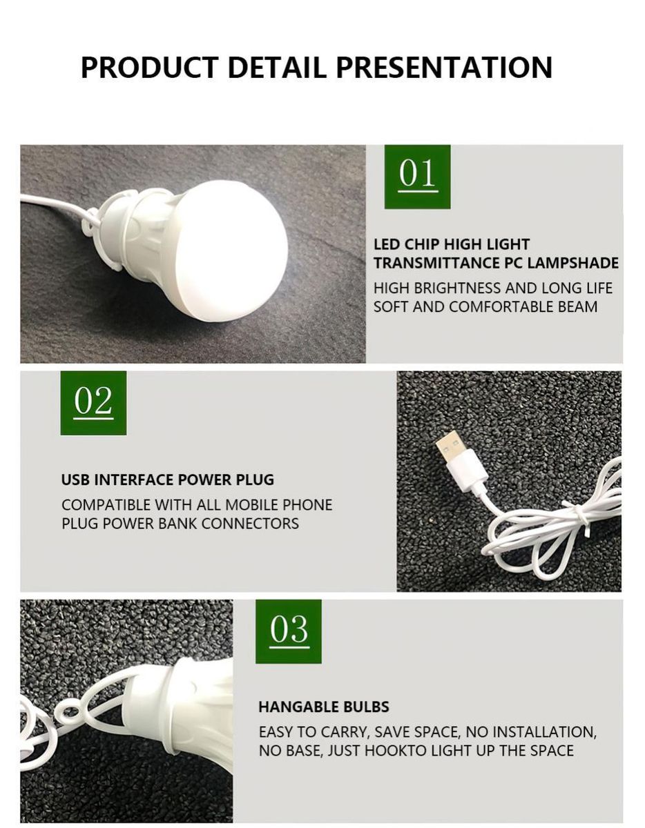 2pcs USB LED Light Bulb Portable Camping Light Mini Light Bulb 5V Power Fishing Outdoor Lighting