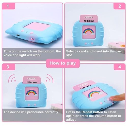 Cute Cartoon Cat Preschool Learning Toys Kids Safety Material Audible Flash Cards Early Educational Machine Children's Day Gift(Blue)