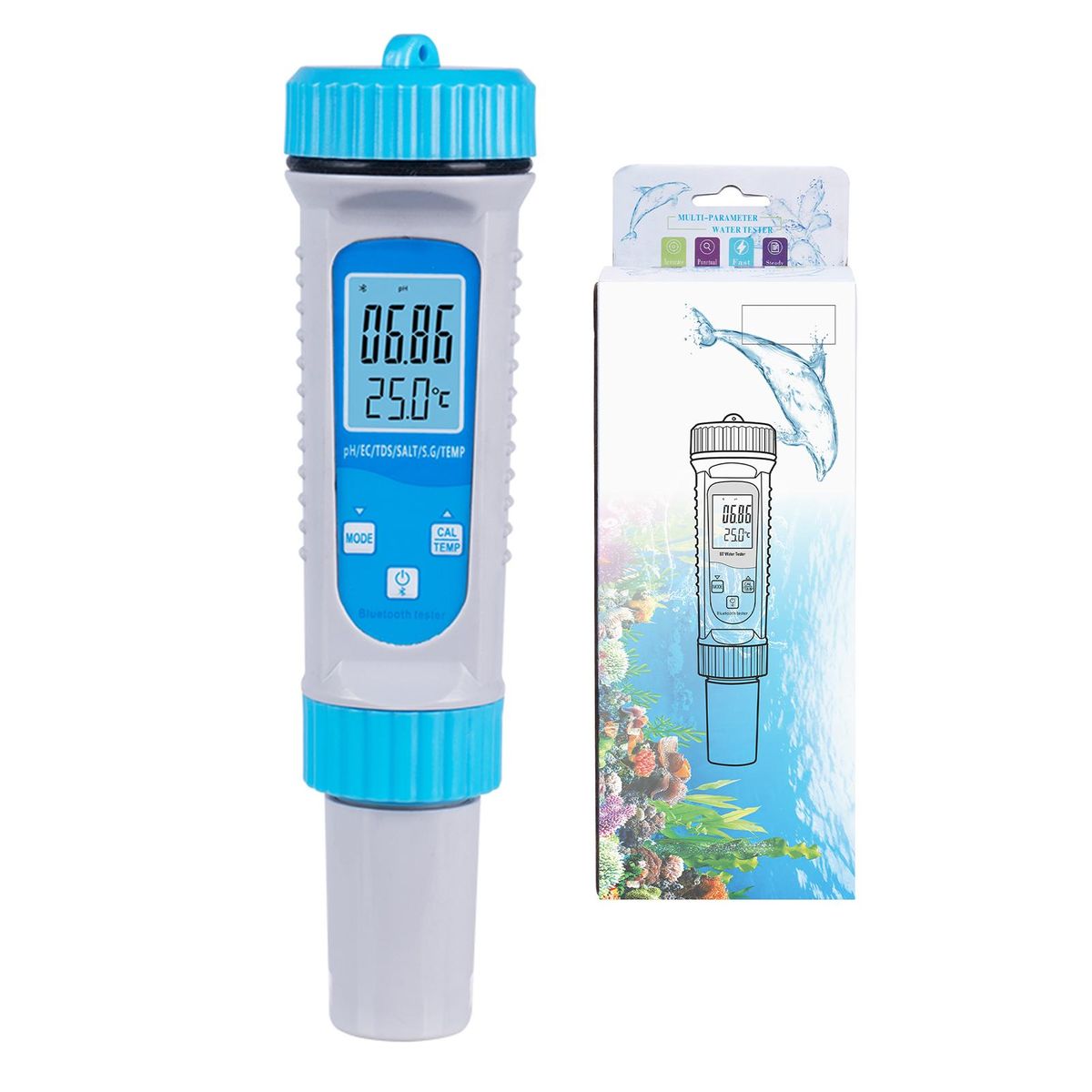 Smart BT 6 in 1 Ph Tester Pool Water PH/ EC/ TDS/ SALT/ S.G/ Temperature Tester Pool Water Quality Monitor Multifunction Water Quality Detector for Pool Drinking Water Laboratory