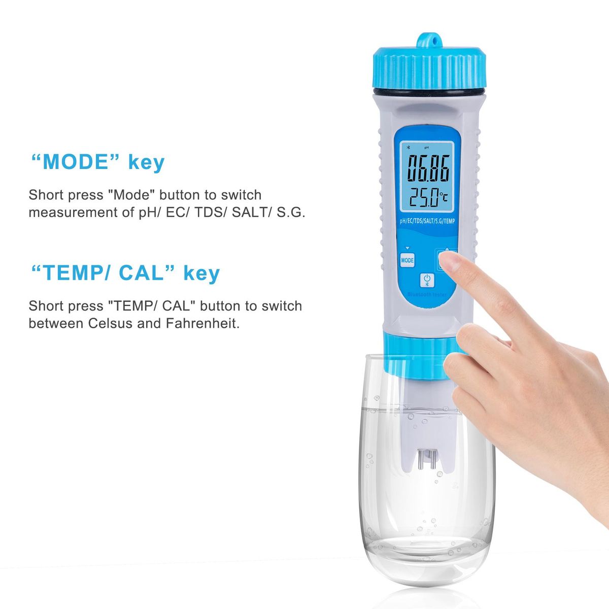 Smart BT 6 in 1 Ph Tester Pool Water PH/ EC/ TDS/ SALT/ S.G/ Temperature Tester Pool Water Quality Monitor Multifunction Water Quality Detector for Pool Drinking Water Laboratory