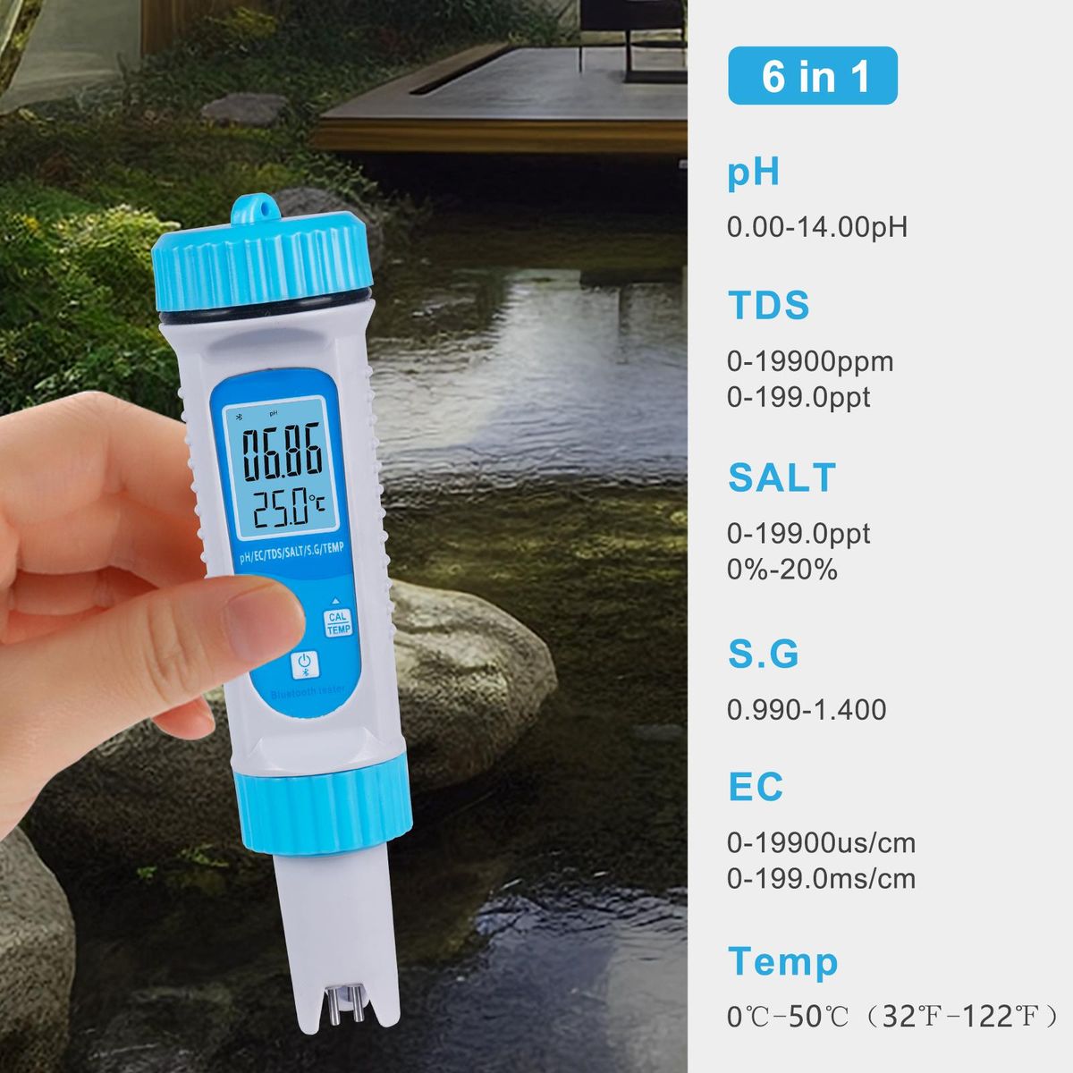 Smart BT 6 in 1 Ph Tester Pool Water PH/ EC/ TDS/ SALT/ S.G/ Temperature Tester Pool Water Quality Monitor Multifunction Water Quality Detector for Pool Drinking Water Laboratory