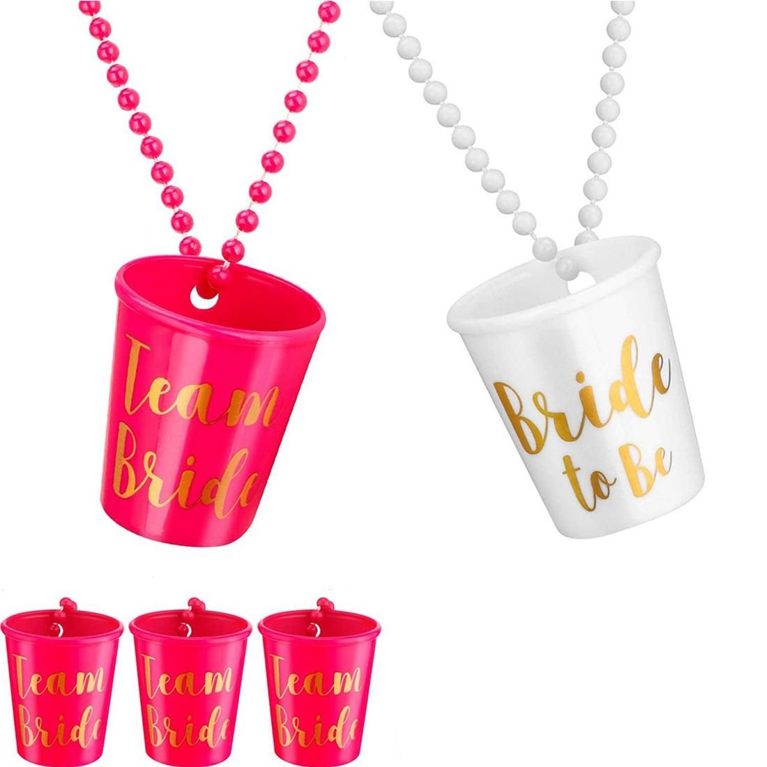 5 Pcs Team Bride to Be Cup Plastic Shot Glasses Necklace Beads Drinking Cups for Wedding Bridal Shower(Rose Red+ White)