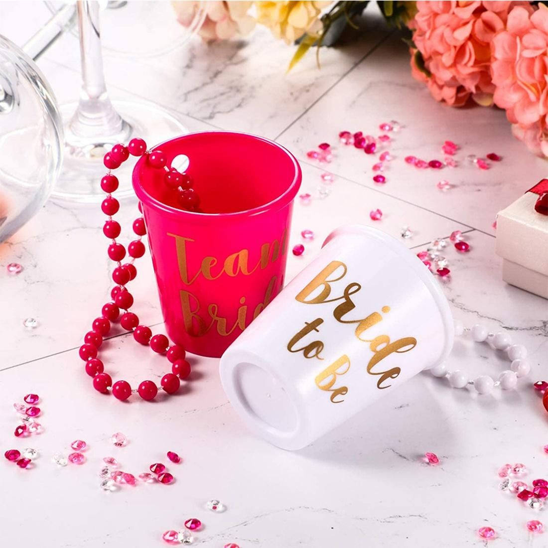 5 Pcs Team Bride to Be Cup Plastic Shot Glasses Necklace Beads Drinking Cups for Wedding Bridal Shower(Rose Red+ White)