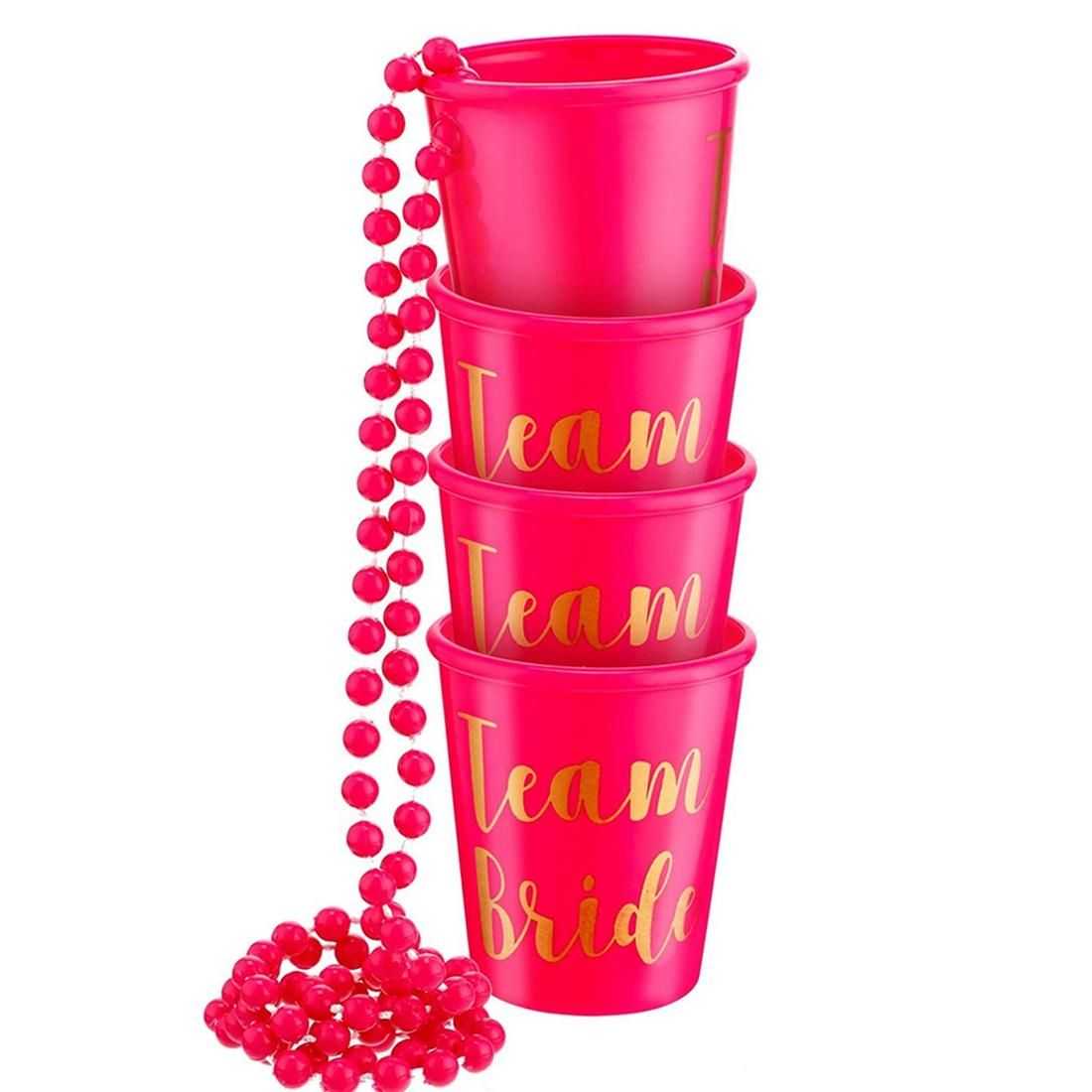 5 Pcs Team Bride to Be Cup Plastic Shot Glasses Necklace Beads Drinking Cups for Wedding Bridal Shower(Rose Red+ White)
