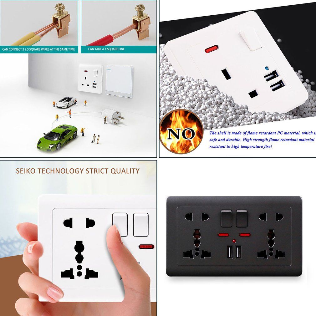 Wall Power Socket 5 Hole Dual USB Charger Port UK Standard USB Switched Outlet-grey