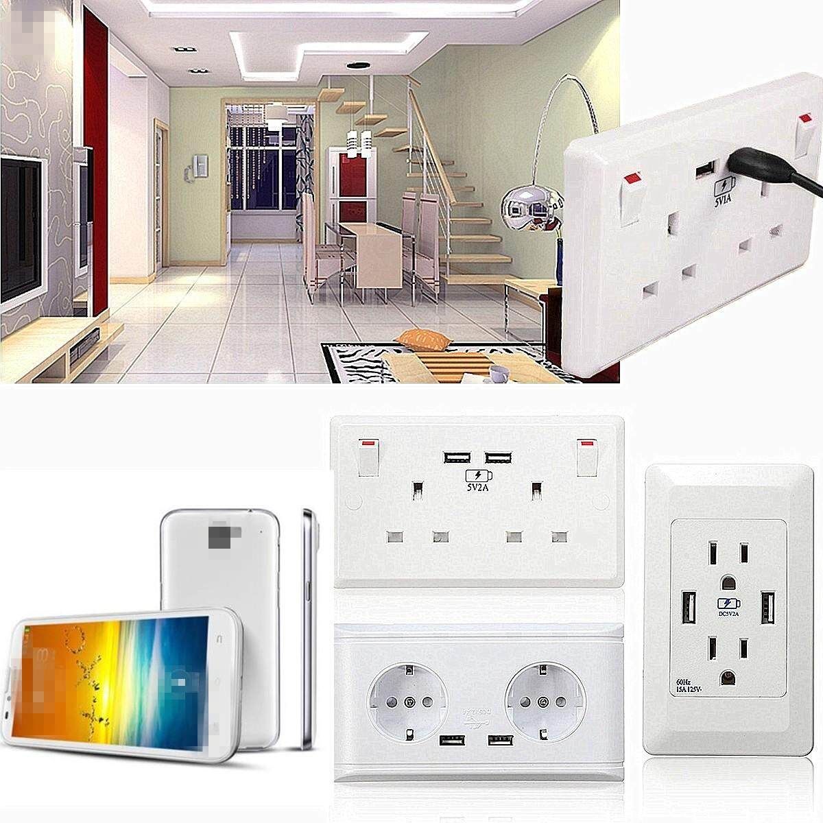 6PCS (WHITE DOUBLE SOCKET)WHITE DOUBLE SOCKET 13A 2 GANG ELECTRIC WALL PLUG WITH 2 USB OUTLETS UK