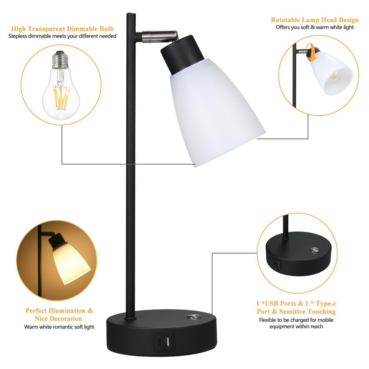 Neoglint Table Lamp Touch Control Beside Reading Lamp Type C & USB Charging Port Stepless Dimmable Brightness Adjustable Sensitive Light Control with LEDs Bulb for Bedroom Living Room