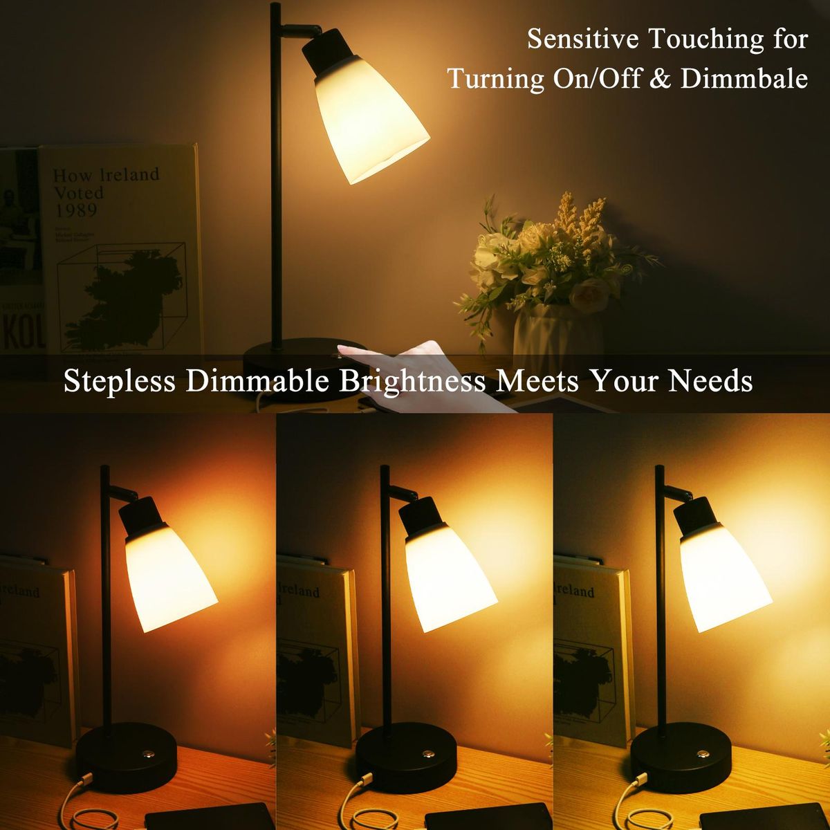 Neoglint Table Lamp Touch Control Beside Reading Lamp Type C & USB Charging Port Stepless Dimmable Brightness Adjustable Sensitive Light Control with LEDs Bulb for Bedroom Living Room