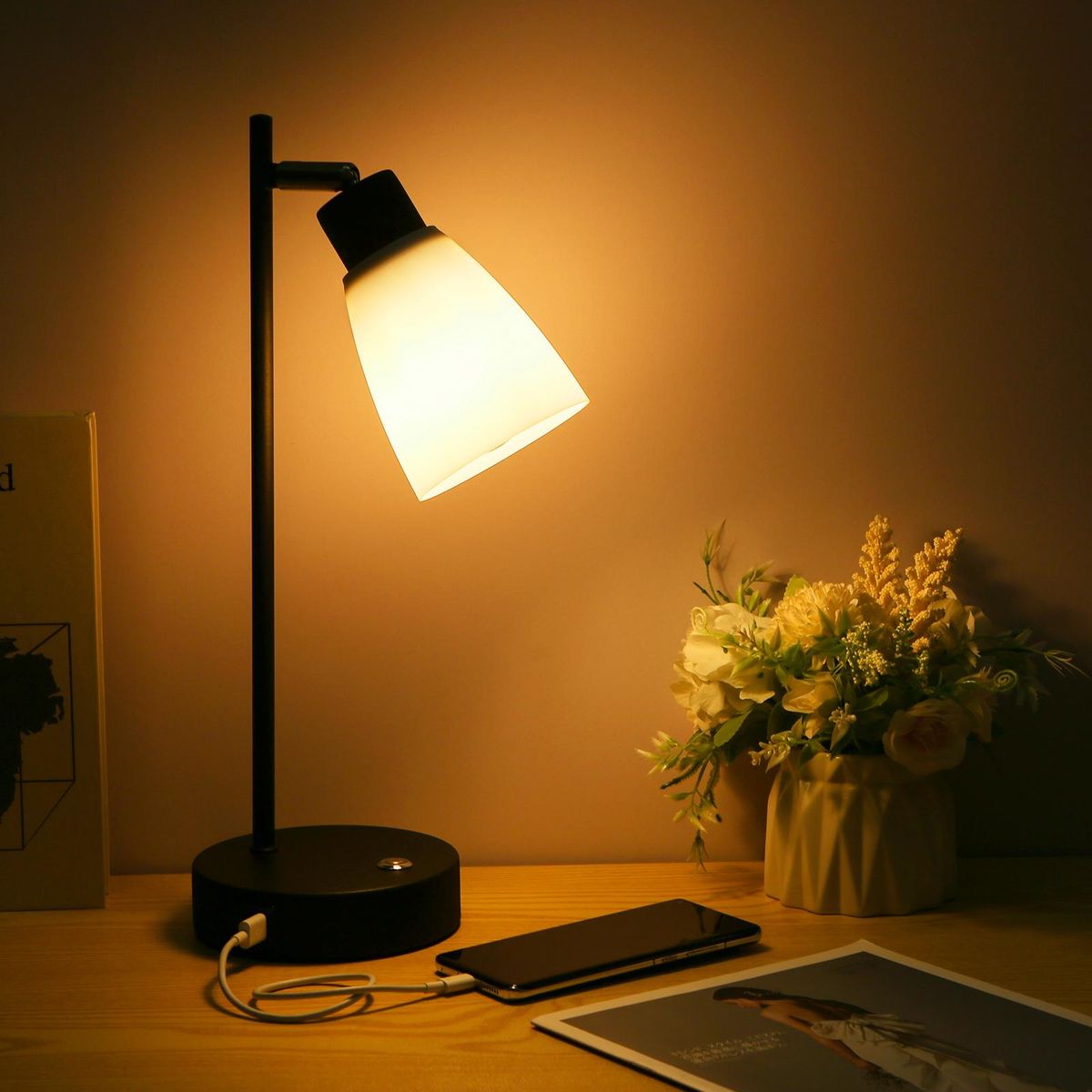 Neoglint Table Lamp Touch Control Beside Reading Lamp Type C & USB Charging Port Stepless Dimmable Brightness Adjustable Sensitive Light Control with LEDs Bulb for Bedroom Living Room