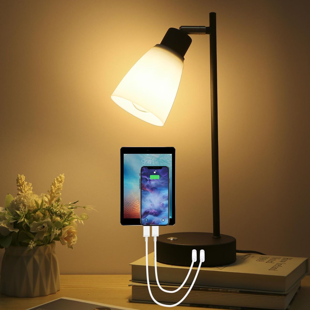 Neoglint Table Lamp Touch Control Beside Reading Lamp Type C & USB Charging Port Stepless Dimmable Brightness Adjustable Sensitive Light Control with LEDs Bulb for Bedroom Living Room