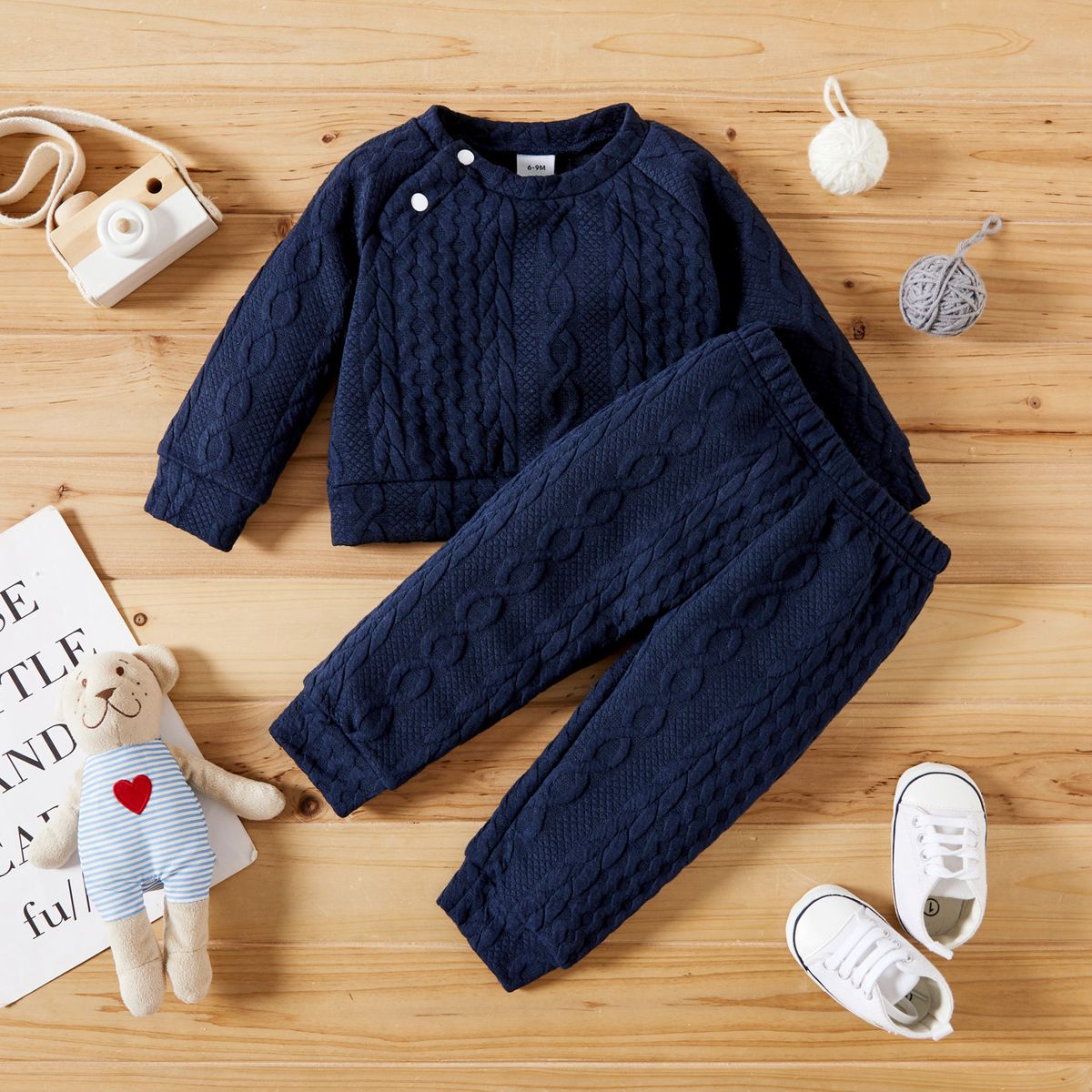 Baby Boys Autumn Winter Twist Kniting Long Sleeves Sweatsuit -Navy Blue