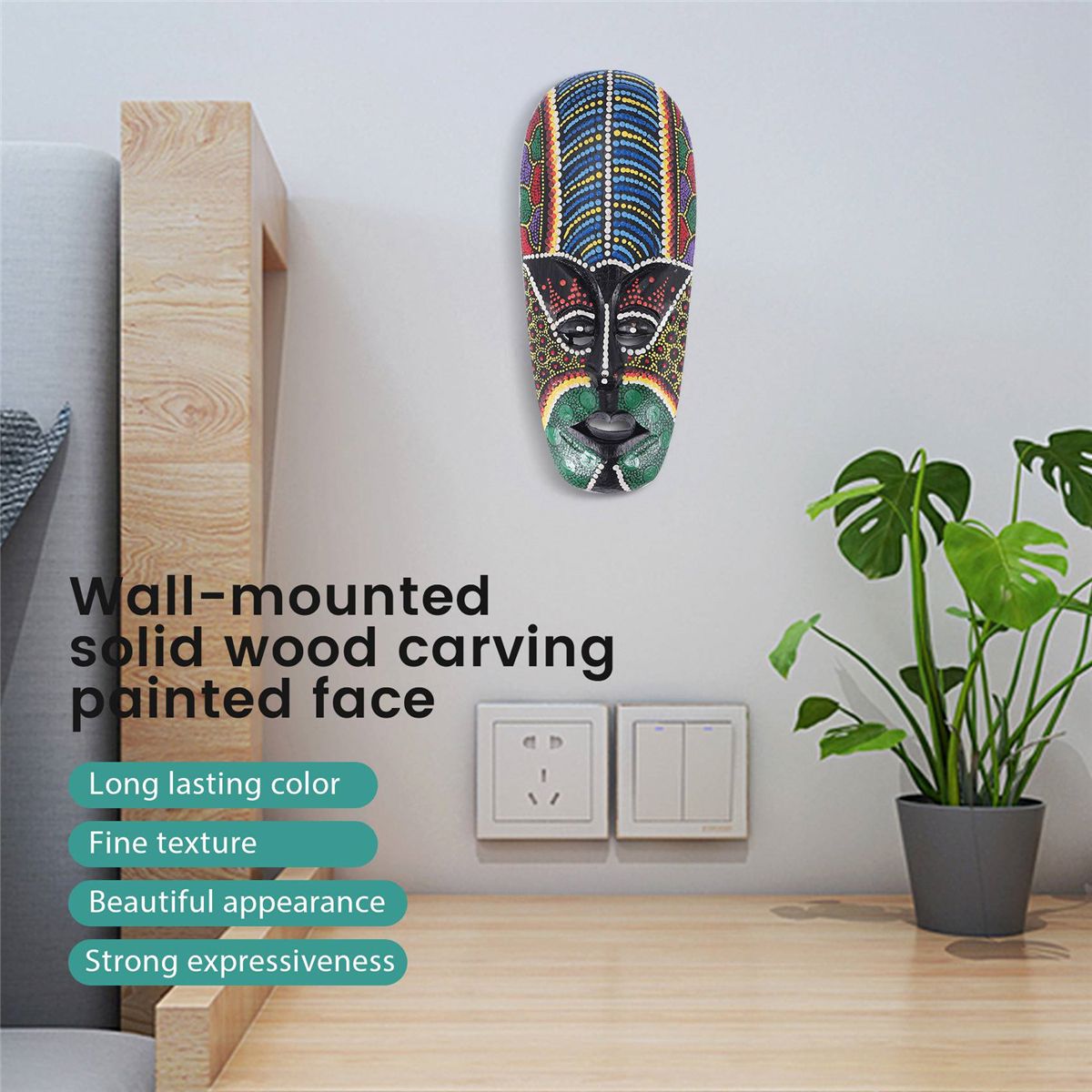 Wooden Mask Wall Hanging Solid Wood Carving Painted Wall Decor Bar Home Decorations African Mask Crafts A