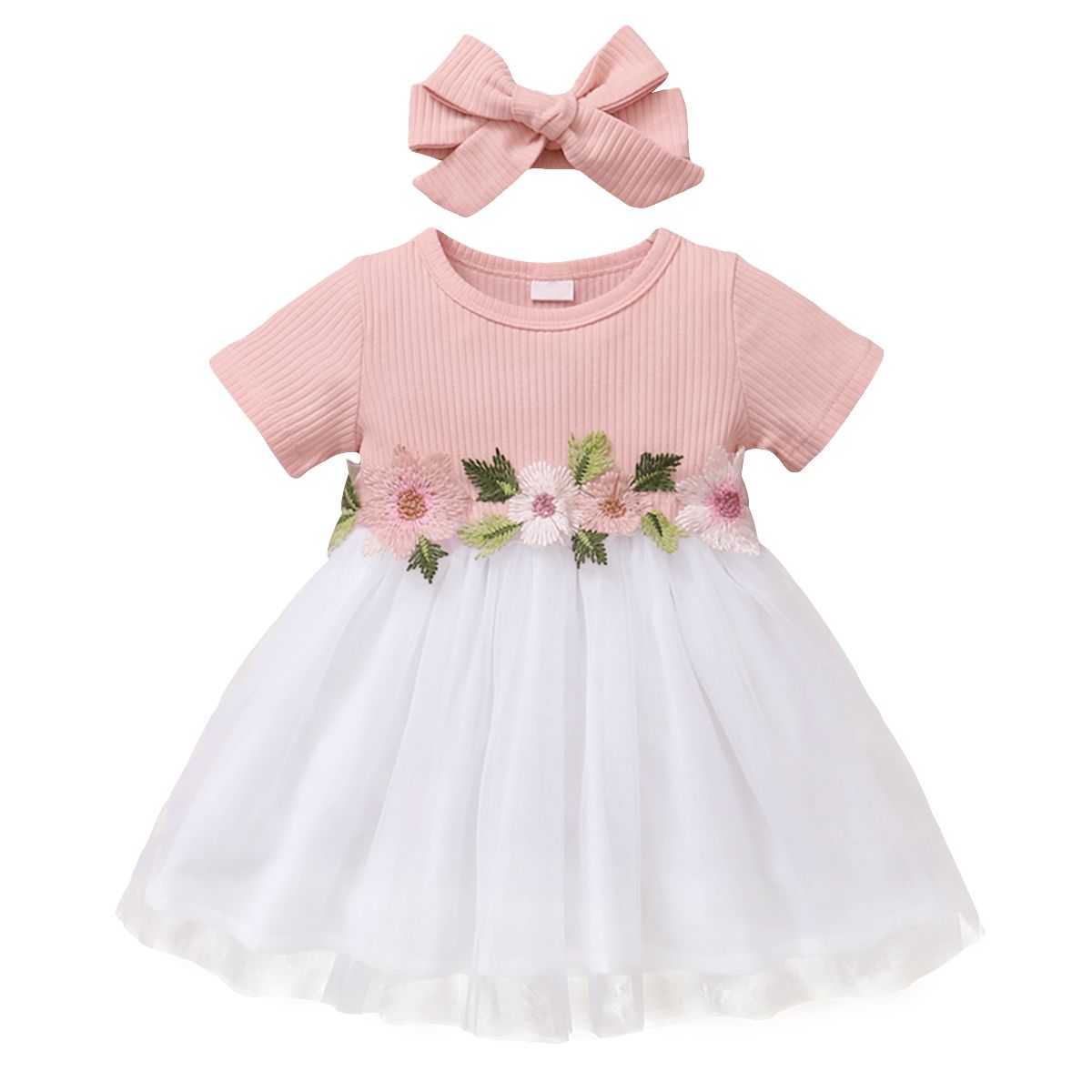 Infant Baby Girl Embroidery Flowers Pink Short Sleeves Princess Dress