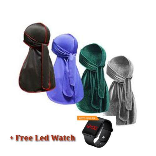 4in1 UNISEX Pirates Doo Rag Durag+Free Led Watch