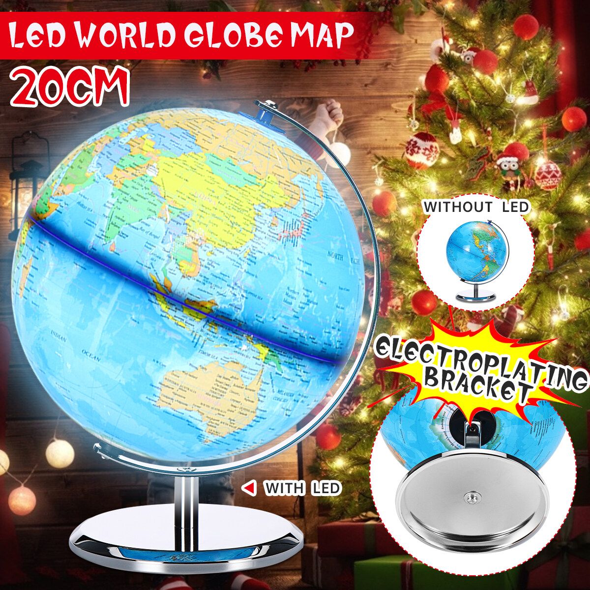 20cm 8inch Stand Rotating World Globe Map Kids Toy School Student Educational Gift With LED